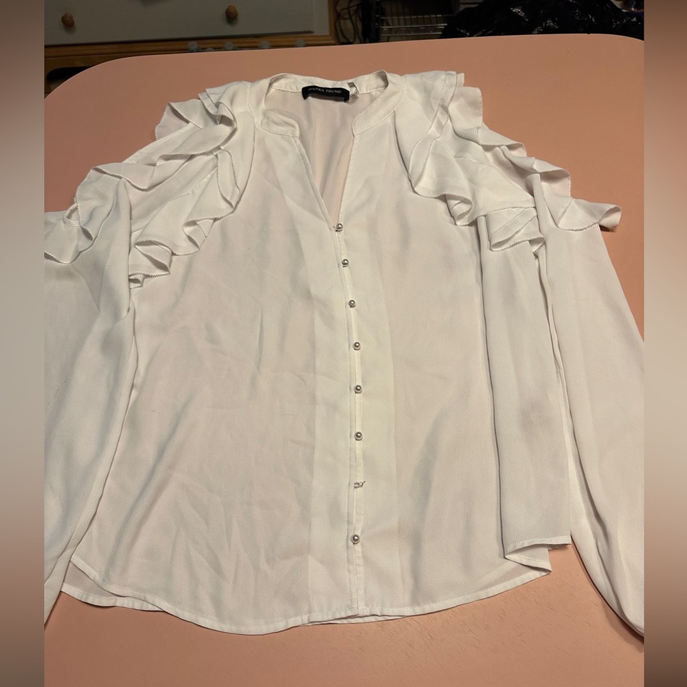 Ivanka Trump White Ruffle Open Shoulder Blouse